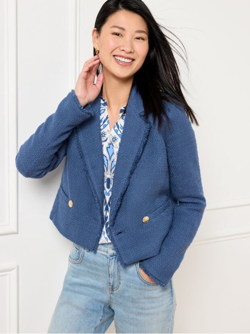 🌸Talbots Cobalt Blue Cropped Bouclé Blazer size 8 Textured Jacket Preppy